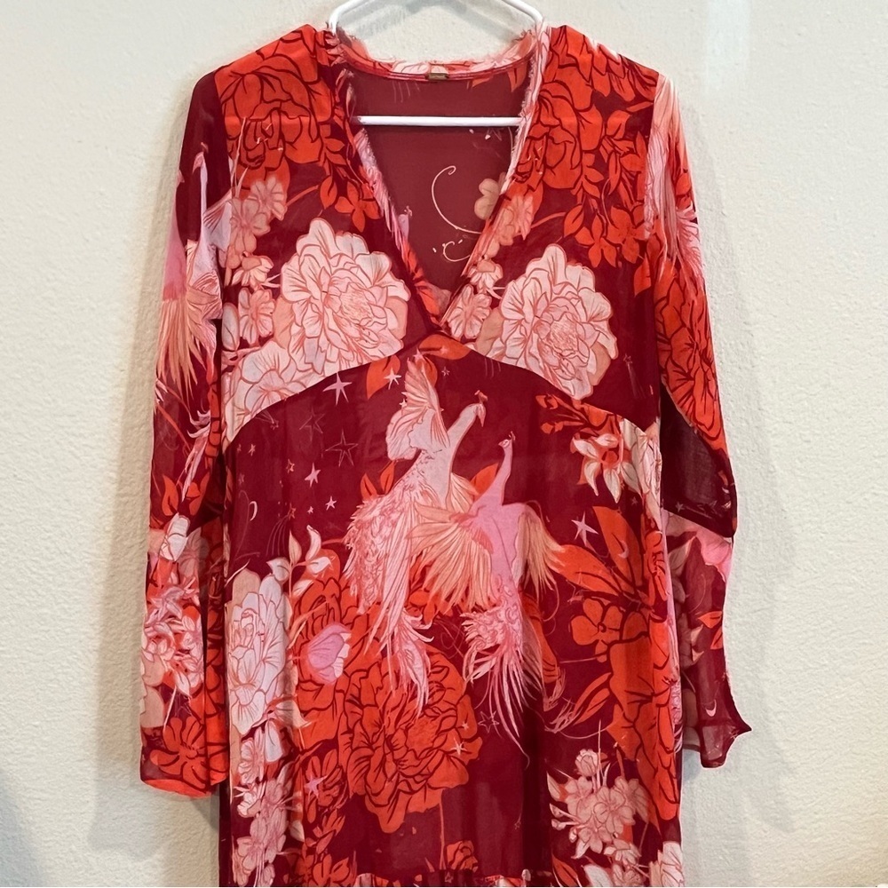free People size xsmall red and pink sheer floral kimono maxi dress